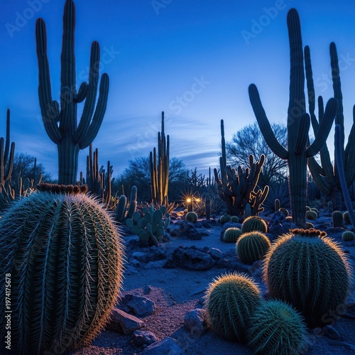 Desert Cactus Garden at Dusk - A Tranquil Evening Scene.