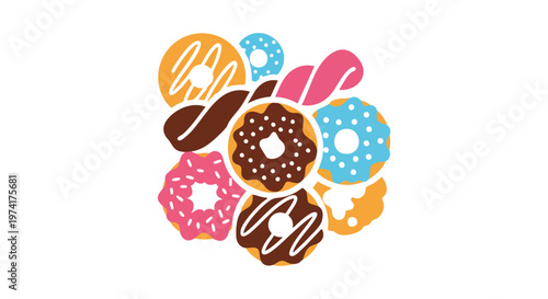 A colorful assortment of baked treats, stylized with bright hues and a minimalist aesthetic. Illustrative flat design over white