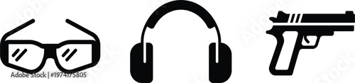 Black silhouette icons set with glasses headphones and handgun symbol design