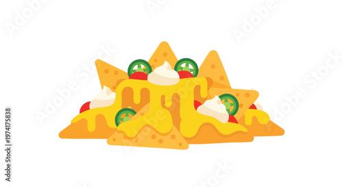 A colorful vector illustration of a pile of triangle-shaped chips covered with melted yellow cheese, tomatoes, jalapeños, and white cream