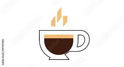 A flat-design illustration of a coffee cup with a handle, filled with coffee and steam-like graphic shapes above. The background is white