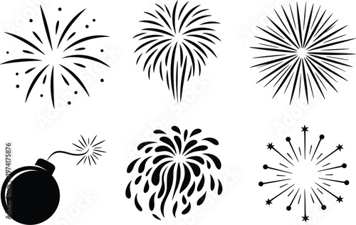 Fireworks silhouettes set with explosion bursts and celebration spark icons design