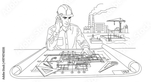 Engineer working on blueprint with factory in background.