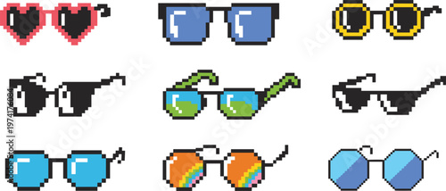 Pixel art sunglasses collection with retro stylish eyewear icons set design