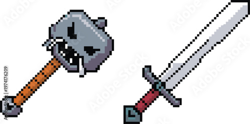 Retro pixel weapons collection with fantasy sword and heavy mace illustration