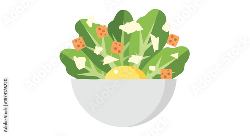 A simple, cartoon illustration of a salad in a grey bowl, containing greens, croutons, and cheese. A yellow egg is at the bowl's bottom
