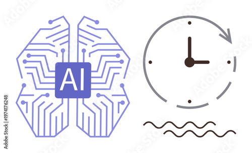 Artificial intelligence, machine learning, time management, futuristic technology, digital transformation, efficiency. Graphic of AI circuit and a clock with wavy lines. AI and time management