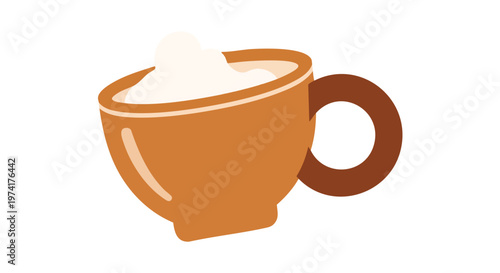 A cartoon-style illustration of a cup of creamy beverage with a frothy top and a circular handle, set on a white background