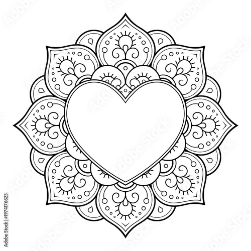 Frame in eastern tradition. Stylized with henna tattoos decorative pattern for decorating covers for book, notebook, casket, magazine, postcard and folder. Flower Heart in mehndi style.