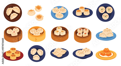 A collection of various delicious, illustrated, steamed, and fried savory food items. Various dishes displayed on plates, and in baskets