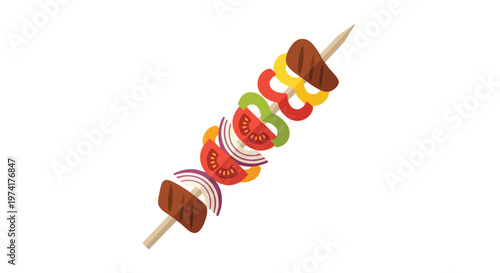 A cartoon skewer with alternating elements. Grilled meat, tomato, red onion, green and yellow bell peppers. Ingredients skewered on a wooden stick, isolated on a white background