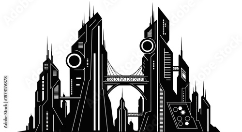 Futuristic city skyline with skyscrapers.