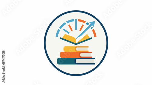 Symbol of learning and knowledge growth, open book with upward trending graph in a circle
