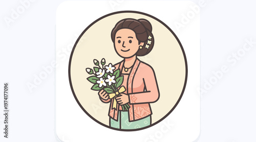 Charming illustration of an Indonesian woman wearing traditional kebaya and batik, gracefully holding a bouquet of white flowers, embodying cultural elegance and serene beauty