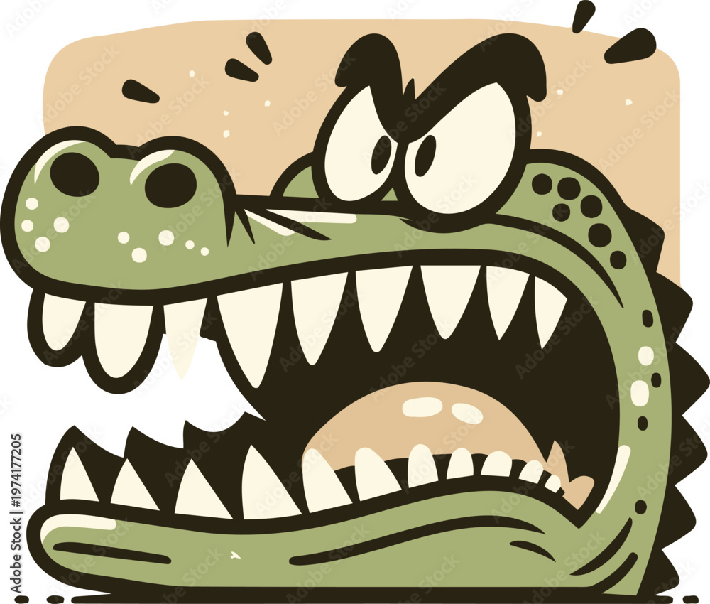 Obraz premium Angry Green Cartoon Crocodile with Open Mouth
