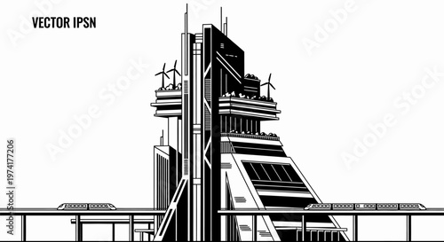 Industrial building with solar panels.