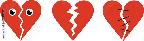 Broken heart icons set with crack eyes and stitched love symbol illustration