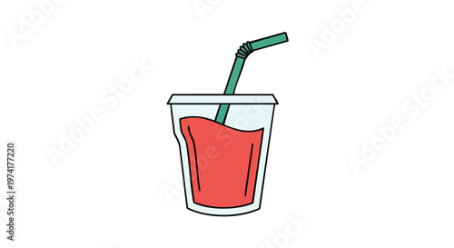 A cartoon illustration of a clear, cylindrical container filled with red liquid, a green flexible straw, all set against a white background