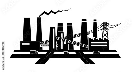 Industrial factory with smokestacks and roads.