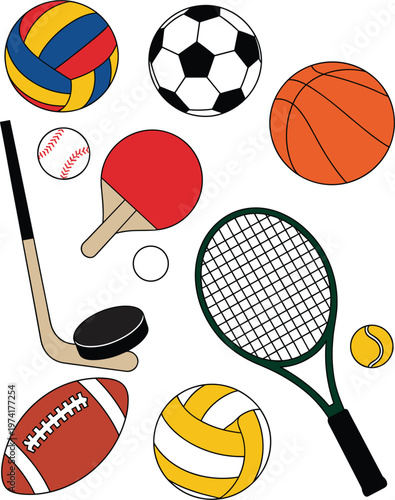 Colorful sports equipment set with balls rackets bat and table tennis paddle