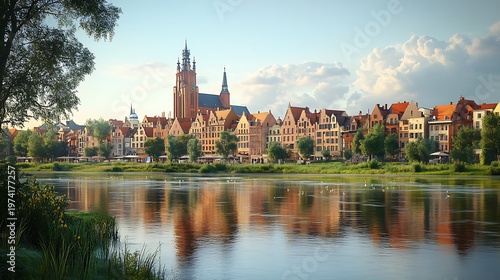 Riverside cityscape reflection