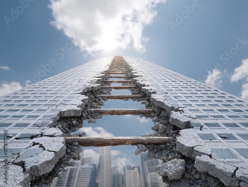 Symbolic image of a broken ladder beside a skyscraper representing economic disparities and challenges