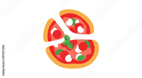 A cartoon-style illustration of a sliced pizza on a white background. The pizza shows red sauce, white cheese, green basil, and golden crust
