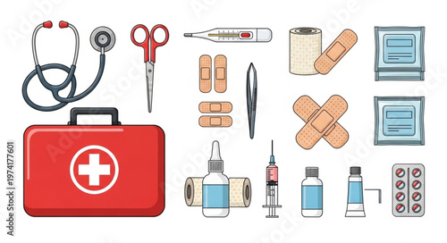 First Aid Kit and Medical Supplies Illustration for Healthcare.