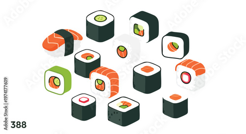 A collection of various, stylized Japanese sushi rolls. These cartoon illustrations use bright colors and simple designs