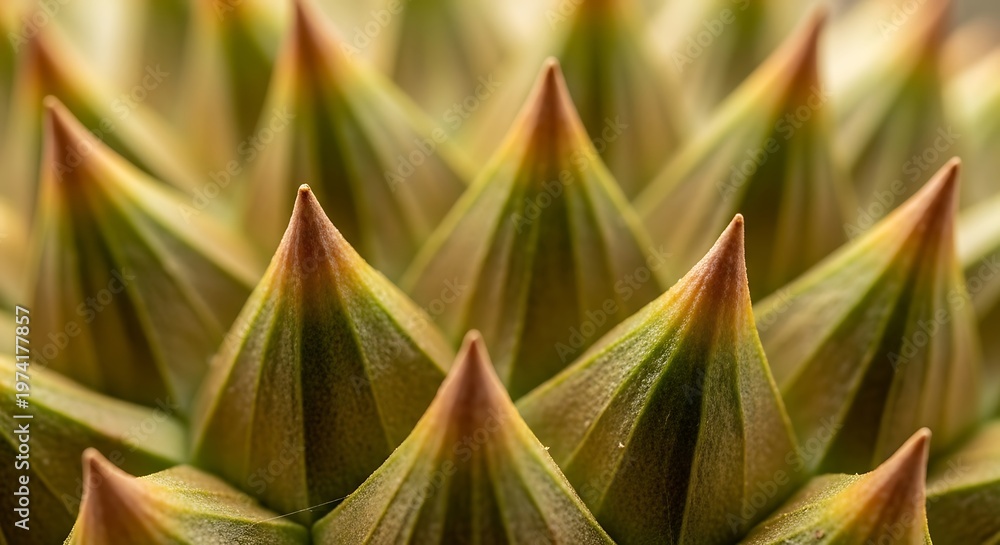 Fototapeta premium Intricate macro view of a spiky natural surface, highlighting the sharp points and complex geometric patterns found in a unique botanical texture