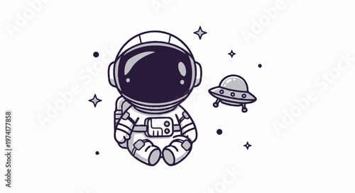 Cute Cartoon Astronaut Floating in Space with Spaceship and Stars.
