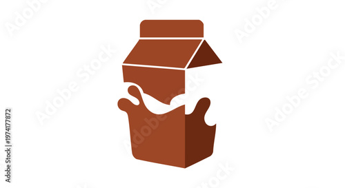 A cartoon-style illustration of a milk carton with milk splashing out. The carton is brown with a white background