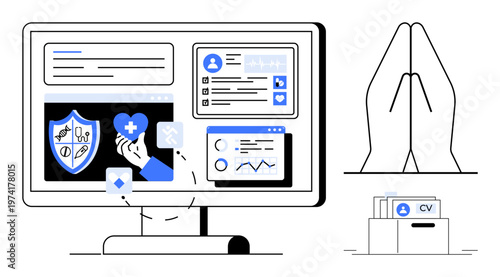 Recruitment process. Digital recruitment highlighted with CV management, online healthcare tools, and data tracking for job applications. Recruitment drives efficient processes. Ideal for HR, career