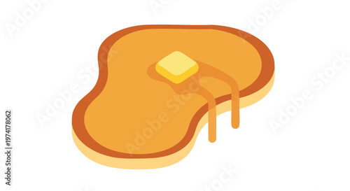 A cartoon-style depiction of a single pancake with a melting pat of butter on top, and syrup dripping down. The image is on a white background