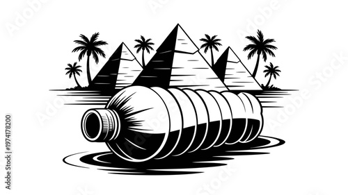 Plastic water bottle pollution in a tropical paradise with pyramids and palm trees