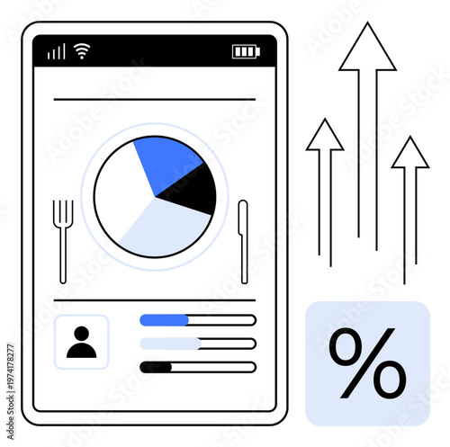 Data analysis, nutrition apps, diet tracking, statistics, performance growth, mobile monitoring. Smartphone interface with pie chart and data elements. Data analysis and diet tracking concepts