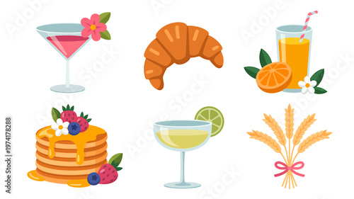 Cartoon food and drinks with fruits and wheat on white background