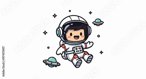 Cute Cartoon Astronaut Floating in Space with Spaceship and Stars.