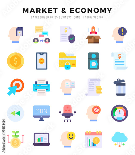 Market & Economy icons set. Collection of simple Flat web icons.