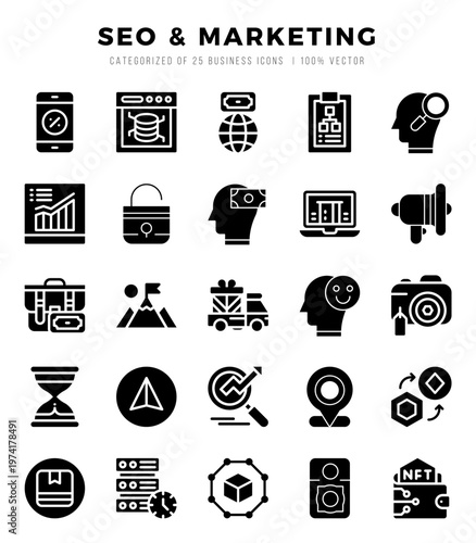 Set of Glyph SEO & Marketing Icons. Glyph art icon. Vector illustration