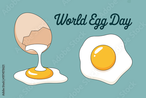 Fried egg and broken egg on teal background for World Egg Day celebration