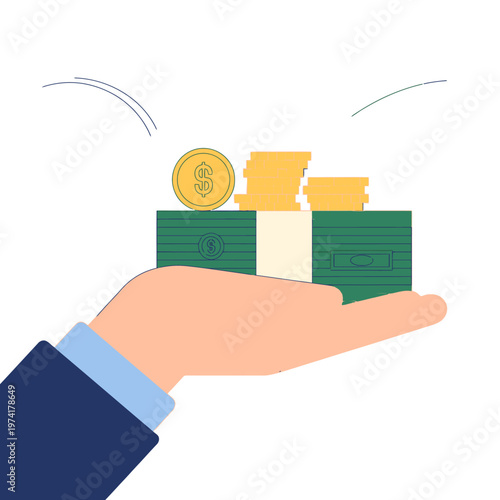 Hand holding a bundle of money and gold coins on white background