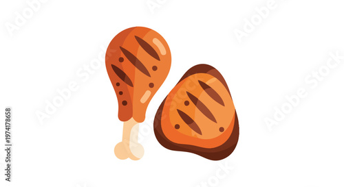 A stylized illustration depicting two pieces of cooked poultry a drumstick and a cutlet, rendered with flat design. They have grill marks