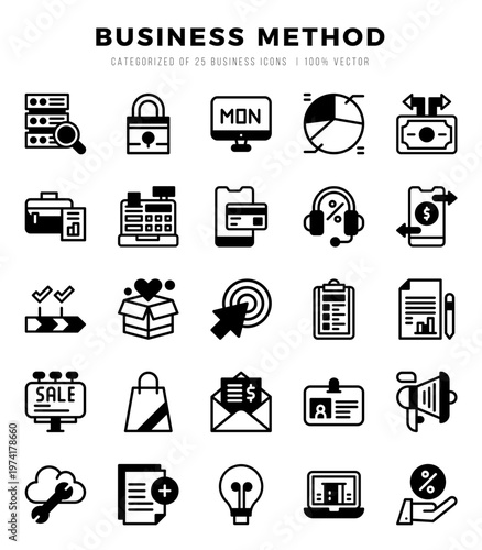 Collection of Business Method 25 Lineal Filled Icons Pack.
