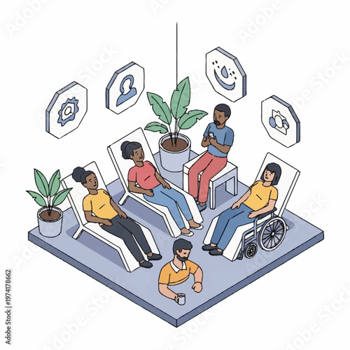 Diverse group of people in therapy session.