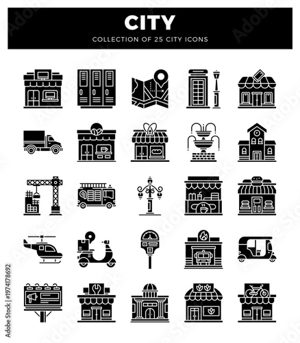 city icons showing urban elements and transportation. Vector flat design. isolated on white background.