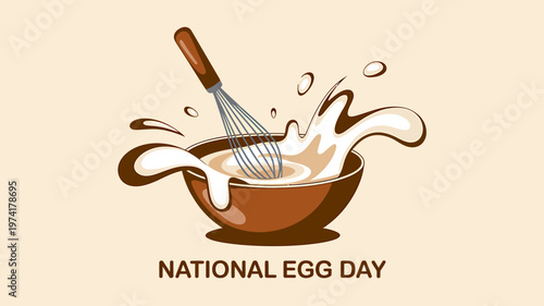 Brown bowl with whisk and splashing milk on beige background for National Egg Day