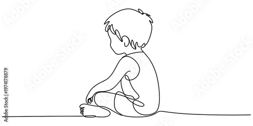 A continuous line drawing of a small young boy sitting down and looking towards the right side.