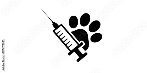 Black silhouette of medical syringe and animal paw print on white background