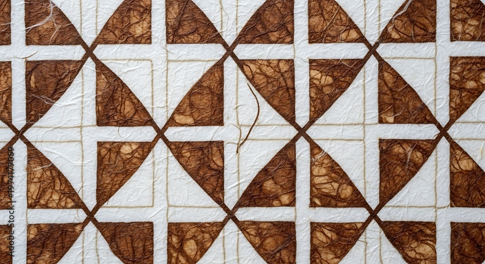 Fototapeta premium Close-up of an intricate geometric pattern crafted from organic, fibrous material in earthy brown and cream tones, creating a visually rich and textured abstract background